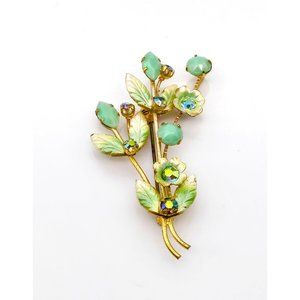 Vintage Glitzy Floral Spray Brooch, Gold Tone with Faceted Green and AB Sparkle